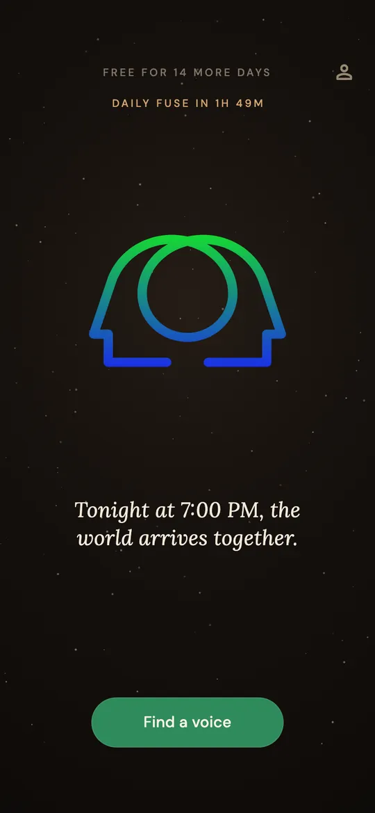 Mindfuse home screen: the Mindfuse light breathes, dissolves into a slowly turning globe of light and gathers back, above the button Find a voice.