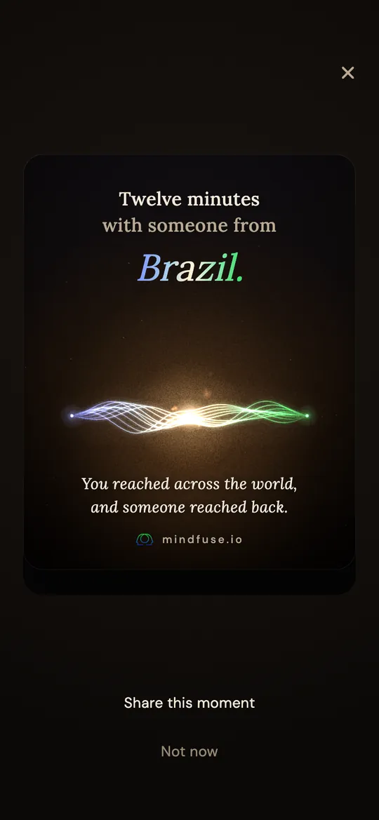 The Weave card after a call: Twelve minutes with someone from Brazil, two strands of light woven together.